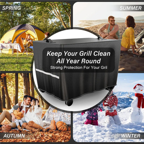Collage of outdoor scenes around a Pizza Oven Cart Table Cover For Outdoor Grills 53 X 26 X 28 In Heavy Duty 600D.