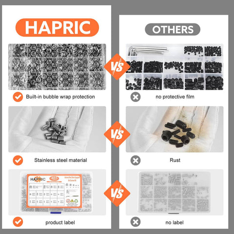 Comparison of two screw kits: 485 Pcs Set Screws Kit In 304 Stainless Steel With 14 Sizes M3 M4 M5 M6 M8 vs. other kit without protection and labels