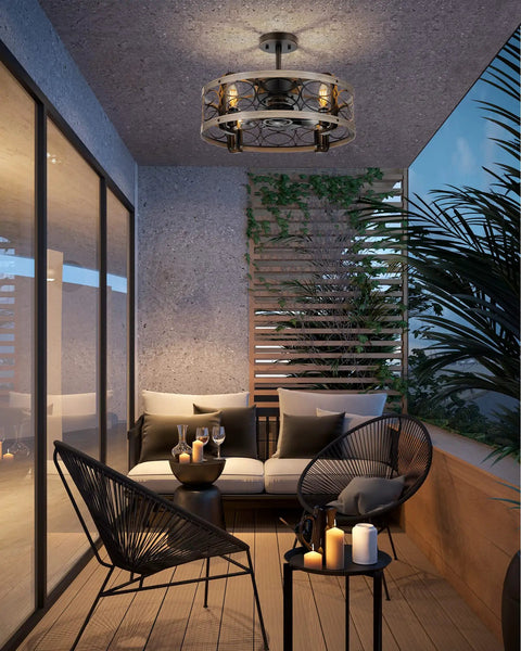 Rustic 17.5 Inch Ceiling Fan With Light Kit And Remote installed on a patio, showing farmhouse style lighting and low profile cage mount.