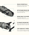 Side view of Mule 9 Bikepacking Rolltop Waterproof Saddle Bag For Tents And Gear With IPX5 Rating mounted on a bike, showing reflective trim and secure straps.