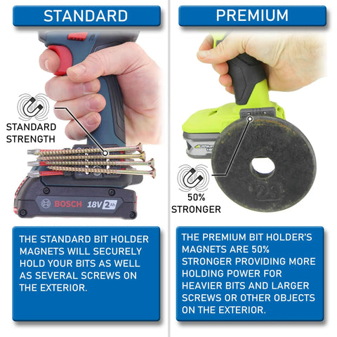 Universal Magnetic Bit Holder Two Pack For Drill Pros That Clamps To Belt Clip Or Screw And Lets You Mount Left Or Right Side Keeps Up To Five One Quarter Inch Bits On A Strong Neodymium Magnet Compatible With Milwaukee DeWalt Makita Bosch Ryobi