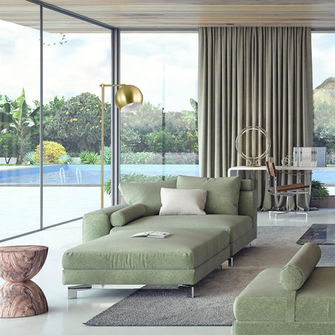 60 Inch Floor Lamp In Satin Gold Finish With Vintage Glam Style Inline Switch E26 Base next to green sofa in living room