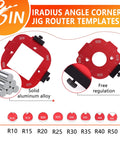 Pro Grade Router Templates And Jigs For Woodworking With Edge Guide And Corner Radius Templates For Routers R10 Through R50 In Aluminum Alloy Set For Precision Routing featuring red aluminum alloy templates with adjustable settings.