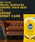 Expert Care Wood Wipes With Lemon Scent For Sealed Wood Leather Granite And Stainless Steel Quick Shine Buff And Protect Polisher Wipes In A 24 Count Pack next to brown leather couch