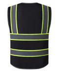 Men's Black High Visibility Safety Vest With Zip Front And Cargo Pockets Class 2 Reflective Work Vest back view showing reflective strips.
