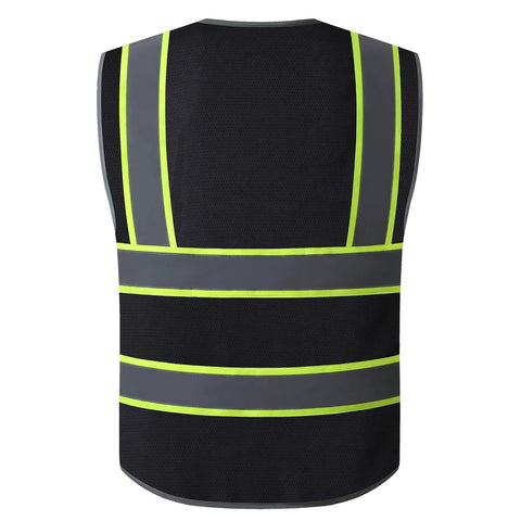 Men's Black High Visibility Safety Vest With Zip Front And Cargo Pockets Class 2 Reflective Work Vest back view showing reflective strips.