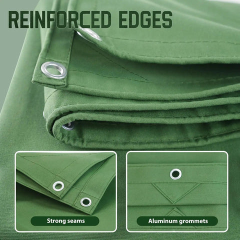 Heavy Duty 5x7 Canvas Tarp In Green 12 Oz Durable Tarpaulin With Rustproof Grommets close-up of reinforced edges