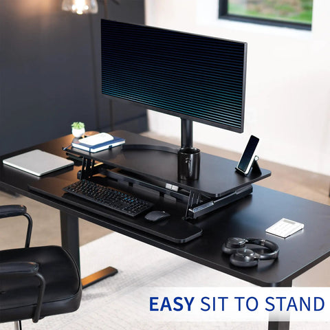 36 Inch Electric Desk Converter For Sit To Stand Dual Monitor And Laptop Workstation With Wide Keyboard Tray