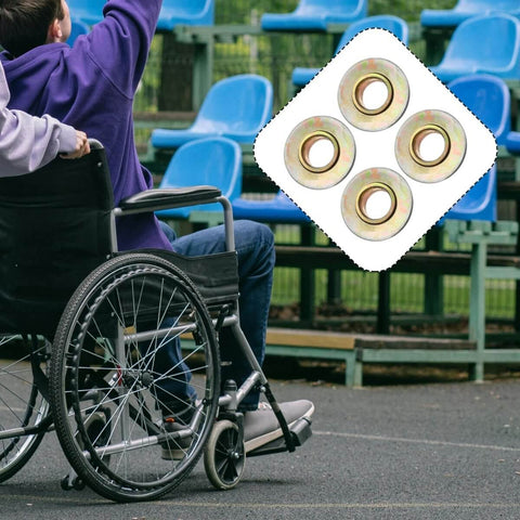 Image of a person in a wheelchair and a Wheelchair Front Fork Bearings Kit Four Piece Set For Walker Fork Stem Bearings