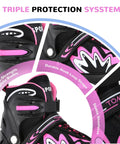 Close-up of Cool Adjustable Kids Inline Skates with Triple Protection System for Girls and Boys, Pink, featuring buckle, strap, lacing.