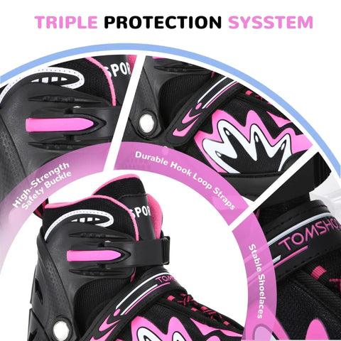Close-up of Cool Adjustable Kids Inline Skates with Triple Protection System for Girls and Boys, Pink, featuring buckle, strap, lacing.