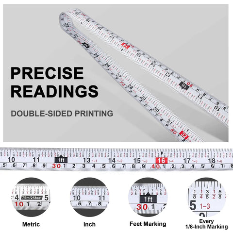 Close-up of 25Ft Tape Measure With Dual Metric And Imperial Scales And 1/8 Inch Fractions, compact design for precise measurements.