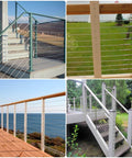 Installed 30 45 90 Degree Drill Hole Guide Jig For Angled And Straight Holes Four Size Portable Deck Cable Railing Lag Screw Drilling Template Block For Horizontal Cable Wood Post And Stair Handrail Pro Grade Aluminum Alloy on various outdoor stair and deck railings.