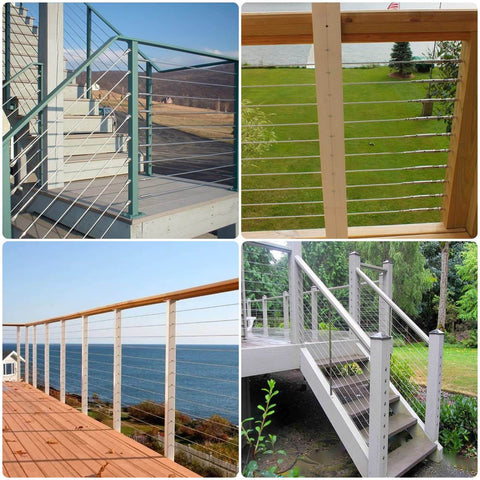 Installed 30 45 90 Degree Drill Hole Guide Jig For Angled And Straight Holes Four Size Portable Deck Cable Railing Lag Screw Drilling Template Block For Horizontal Cable Wood Post And Stair Handrail Pro Grade Aluminum Alloy on various outdoor stair and deck railings.