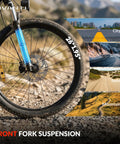 Adult Electric Mountain Bike With 26 Inch Tires And 750W Peak Motor front fork suspension in mountain terrain setting.