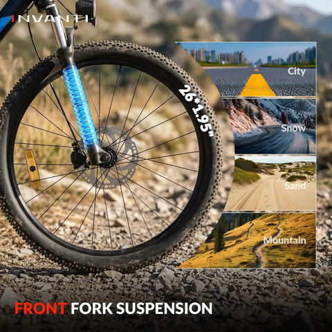 Adult Electric Mountain Bike With 26 Inch Tires And 750W Peak Motor front fork suspension in mountain terrain setting.