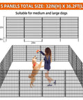 No Dig Fence With Gate, 15 Panels, 32 Inch High By 36 Feet Long Rustproof Metal Garden Edging Border For Outdoor Yard And Patio, Dog And Pet Barrier, Decorative Black Fence, No Fuss Easy Portable Fence shown assembled with large dog and woman.