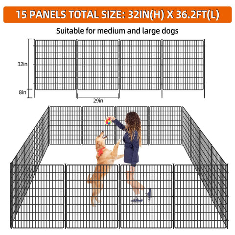 No Dig Fence With Gate, 15 Panels, 32 Inch High By 36 Feet Long Rustproof Metal Garden Edging Border For Outdoor Yard And Patio, Dog And Pet Barrier, Decorative Black Fence, No Fuss Easy Portable Fence shown assembled with large dog and woman.