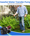 Premium 12 Volt Diaphragm Water Transfer Pump 7 GPM Flow Rate 75 PSI Max Pressure in use, watering garden with spray.