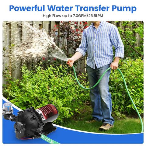 Premium 12 Volt Diaphragm Water Transfer Pump 7 GPM Flow Rate 75 PSI Max Pressure in use, watering garden with spray.