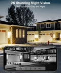 Wireless Outdoor Security Camera 2K 3MP Battery Powered With AI Motion Detection capturing night vision of houses