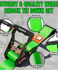 Heavy Duty Wheel Chock Tie Down Straps Kit for Trailers and UTVs, E-Track Ready, green straps with metal ratchet handle