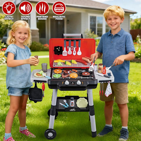 Kids playing with Kids BBQ Grill Playset With Smoke Sound And Lights Two Layer Outdoor Grill Toy With Wheel Includes 35 Realistic Accessories