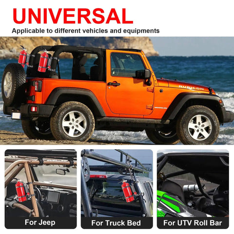 Quick Release Fire Extinguisher Mount Bracket for Offroad Jeeps and UTVs installed on various vehicles by the beach