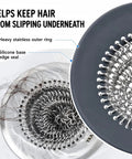 Hassle Free Shower Drain Hair Catcher With Quick Flip Empty Pocket shows stainless steel and silicone design for effective hair trapping.