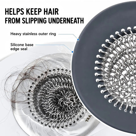 Hassle Free Shower Drain Hair Catcher With Quick Flip Empty Pocket shows stainless steel and silicone design for effective hair trapping.