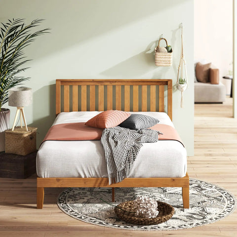 Top Tier Queen Platform Bed Frame With Tufted Fabric Headboard Solid Wood Slats Heavy Steel Base No Box Spring Needed smooth clean lines in a styled room