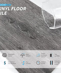 Peel And Stick Vinyl Plank Flooring Wood Look Ebony showing waterproof feature with water droplets and glass demonstrating durability.
