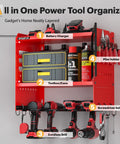 Heavy Duty Wall Mounted Power Tool Organizer With Integrated Charging Station And Six Outlet Strips, Insanely Solid Metal Garage Cabinet Keeping Your Drills Locked Tight, No-Sweat Setup Slick Gear Hub For Garage Bliss with battery charger and tool storage.