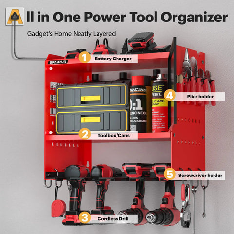 Heavy Duty Wall Mounted Power Tool Organizer With Integrated Charging Station And Six Outlet Strips, Insanely Solid Metal Garage Cabinet Keeping Your Drills Locked Tight, No-Sweat Setup Slick Gear Hub For Garage Bliss with battery charger and tool storage.