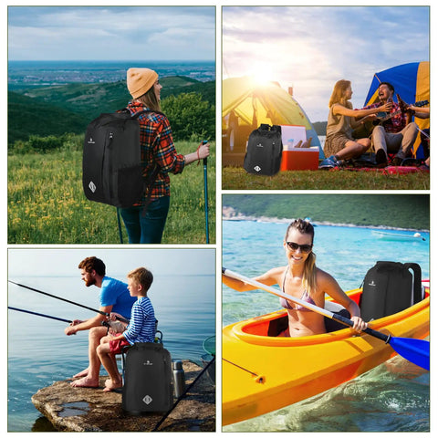 People using 20L Waterproof Dry Bag Backpack with Waist Pouch and Phone Case Roll Top Marine Gear Bag for kayaking, hiking, camping, and fishing.