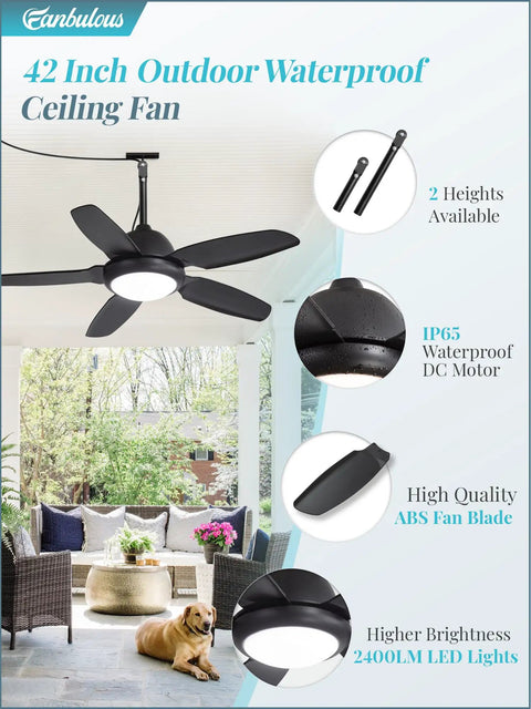 42 Inch Outdoor Waterproof Ceiling Fan With Lights And Remote For Patios And Pergolas IP65 Wet Rated Black 6 Speed DC Motor 3CCT Lighting Plug In Gazebo Fan installed on patio with lights on.