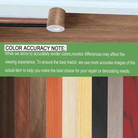 Wood Grain Repair Tape Self Adhesive Patch 4.7 Inch By 32 Feet Ideal For Tables Chairs Baseboards Doors Windows Floors And DIY Projects Easy Peel And Stick To Match Wood Finish displayed with color options.