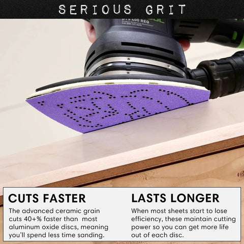 80 Grit Ceramic Delta Sanding Sheets on sander, multi-hole fit for Festool Mirka 100x150mm, showcasing purple dust collection surface