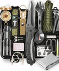 20 In 1 Adventure Survival Kit for camping and hiking with tactical tools like knife, flashlight, and spork displayed in a case.