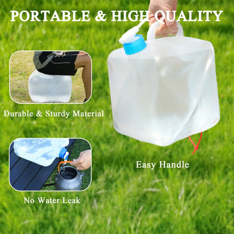 Collapsible Water Container With Spigot And Hook, BPA Free Foldable Water Jug, 20L/5.3 Gallon Capacity shown in use outdoors.