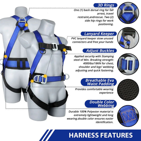 Fall Protection Safety Harness Kit For Roofing, Full Body Harness with features like EVA waist pad, lanyard, and adjustable buckles.