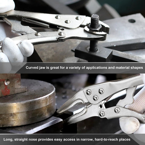 Heavy Duty Locking Pliers Set With Curved And Straight Jaws Includes Five Inch Seven Inch Ten Inch And Six And A Half Inch Pliers Built In Wire Cutter All Steel Forged Construction And Adjustable Grip For Slippage Free Hold in use