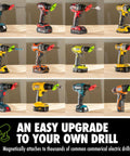 BullseyeBore Core CG1-101 magnetic drill guide attached to 12 cordless drills with green laser alignment