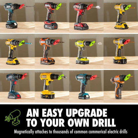 BullseyeBore Core CG1-101 magnetic drill guide attached to 12 cordless drills with green laser alignment