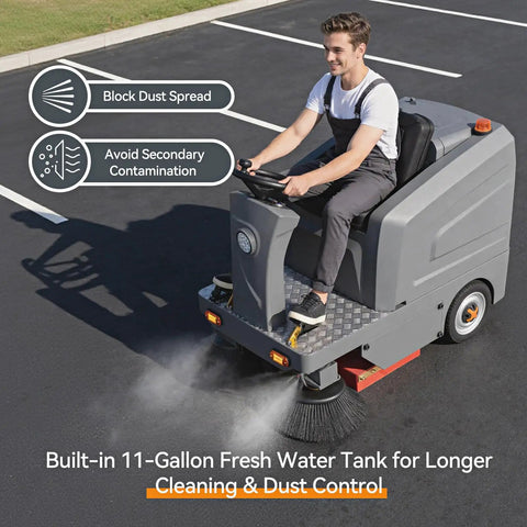 Velwoxk 51 Inch Ride-On Industrial Floor Sweeper Machine With Powerful Brooms And Vacuum Suction. Features A Generous 27 Gallon Hopper And 11 Gallon Water Tank For Spotless Jobsites. Achieve Crazy High Efficiency Of Over 92 Thousand Square Feet Per Hour