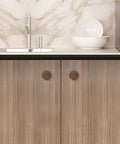 Modern Warm Walnut Wood Cabinet Knobs And Single Hole Drawer Pulls For Dressers Bedroom Furniture Upgrade Fresh Vibe Solid Natural Finish shown on cabinets.