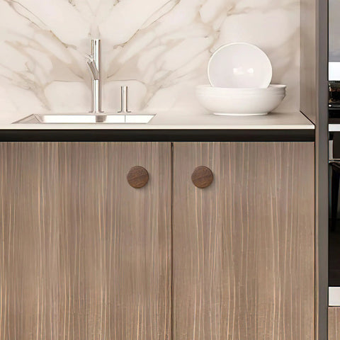 Modern Warm Walnut Wood Cabinet Knobs And Single Hole Drawer Pulls For Dressers Bedroom Furniture Upgrade Fresh Vibe Solid Natural Finish shown on cabinets.