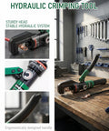 Ultimate Heavy-Duty Hydraulic Cable Crimping Tool for Battery Terminals on a workbench with copper lugs and ergonomic handle.