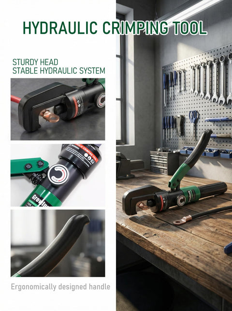 Ultimate Heavy-Duty Hydraulic Cable Crimping Tool for Battery Terminals on a workbench with copper lugs and ergonomic handle.