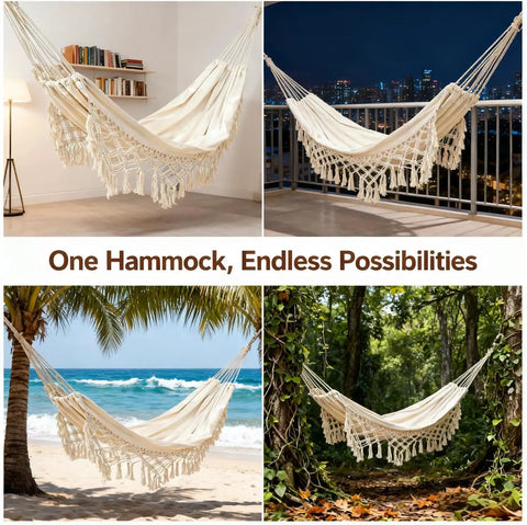 Double Hammock With Macrame Cotton Boho Chic Outdoor Lounge Portable 485 Lbs Capacity Beige in indoor, balcony, beach, forest settings